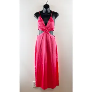 Zara Satin Sleeveless V-Neck Slip Midi Dress with Waist Cutout Pink Medium thumbnail 4