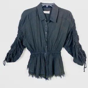 Free People Pacific Dawn Dark Grey Distressed Fitted Waist Scrunched Sleeve Top thumbnail 4