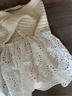 Zara Cream Knit Eyelet Twist Strapless Top thumbnail 4