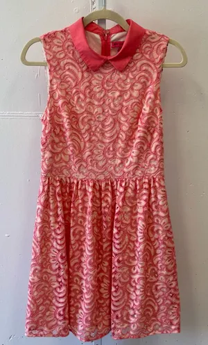 🍁 Betsey Johnson Pink Lace‎ Lined Peter Pan Collared Dress Womens Size 6 thumbnail 1