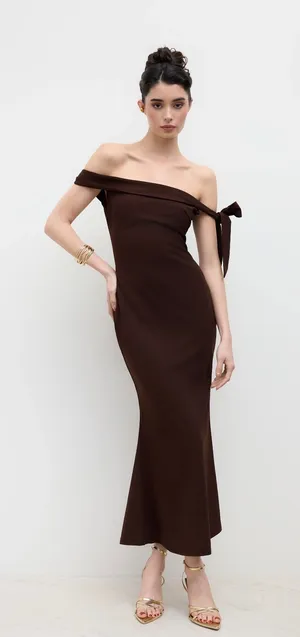 Cider Off Shoulder Asymmetrical Bowknot Mermaid Maxi Dress thumbnail 1