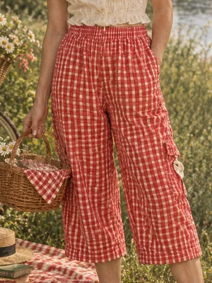 Vintage 90s Red Gingham Cotton Capri Pants Wide Leg Cottagecore Picnic L thumbnail 1
