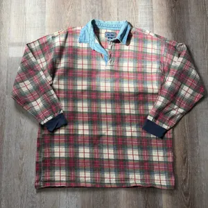 Vintage Drummer Boy Plaid Rugby Shirt with Denim-Style Collar M/L thumbnail 1