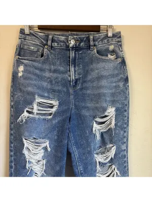 American Eagle Curvy Mom Jeans Size 8 Acid Wash Distressed Ripped High Rise thumbnail 2