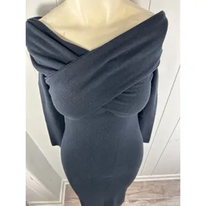 Abercrombie & Fitch Black Off Shoulder Sweater Dress NWT Midi Bodycon Elegant XS thumbnail 7