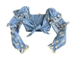 LoveShackFancy Milanti Crop Top Hydrangea Blue Floral Embroidered Linen Medium thumbnail 1