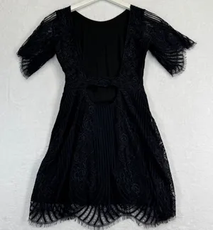For Love & Lemons Black Lace Mini Dress‎ Short Sleeve Scalloped Eyelash Trim XS thumbnail 1