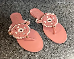 Jack Rogers Coral Pink Leather Thong Sandals with Whipstitch Medallion thumbnail 1
