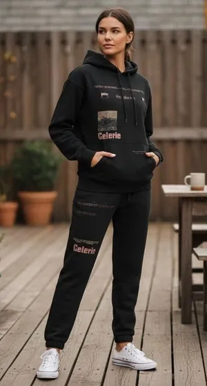 COLLUSION Unisex Lounge cotton set pants & sweat shirt hoodie black with graphic thumbnail 1