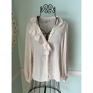 New Nili Lotan Women's XXS Long‎ Sleeve Sheer Ruffle Button Blouse Birch Ivory thumbnail 2
