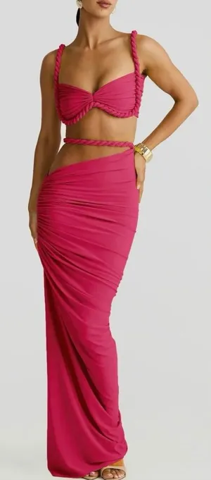 Chic Pink Crop Top and Skirt Set with Rope Straps Size M thumbnail 1