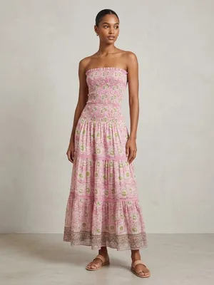 NWT Bell Alicia Bell Strapless Maxi in Pink Blockprint Silk-Cotton Dress S thumbnail 2