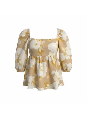 En Saison Floral Puff Sleeve Blouse Tan White NWT Medium‎ Smocked Babydoll thumbnail 3