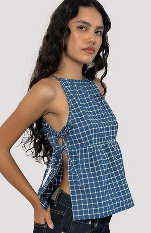 Velvet Moon blue and black gingham peplum halter top high square neck medium thumbnail 1