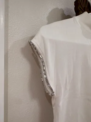 Zara White Rhinestone Trim T Shirt Embellished Sleeve Top Mock Neck Size Medium thumbnail 3