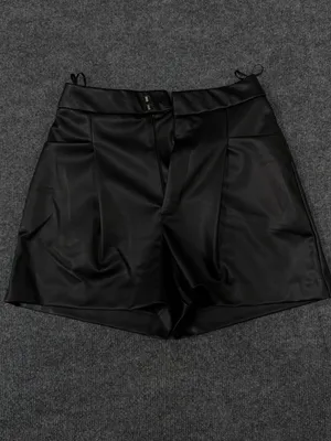 Zara Black Faux Leather high-waisted black tailored pleated shorts thumbnail 6