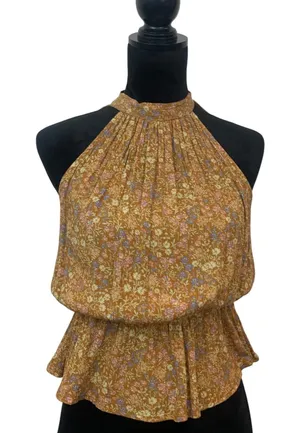 Japna Floral Halter Peplum Womens S Top Mustard Yellow Smocked Tie Back thumbnail 1