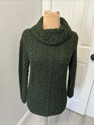 Aran Mor Merino Wool Cableknit Cowl Neck Sweater Dark Green thumbnail 2