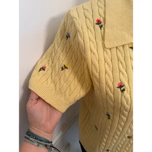 NWT Calligraphie Yellow Cable Knit Floral Embroidered Sweater Polo Top Cottage thumbnail 2