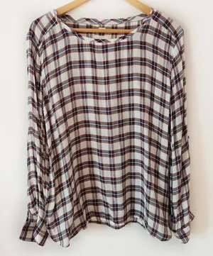 LOFT Autumn Plaid Blouse Softened Roll Tab Sleeve Crew Neck Cream Brown Rayon L thumbnail 1