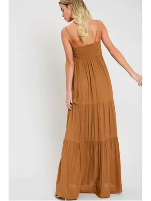 Wishlist Apparel Falling In Love Tie-Front Tiered Camel Maxi Dress Size S thumbnail 6