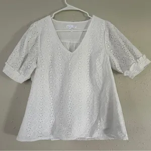 Draper James White Short Sleeve Puff Sleeve Eyelet Blouse Summer Neutral Medium thumbnail 1