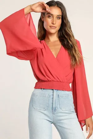 NWOT Lulus Loving Aura Coral Red Smocked Long Flutter Sleeve Top thumbnail 1