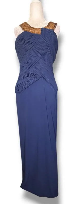 Vintage Navy Blue Beaded Evening Gown Art Deco Formal Maxi Dress Wedding Guest thumbnail 1