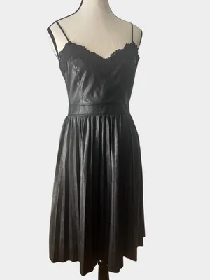 Express Black Faux Leather Pleated Midi Dress Lace Trim Small Goth thumbnail 2