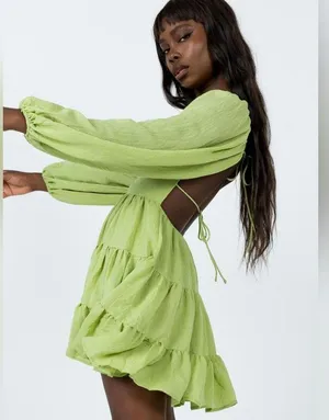 Princess Polly Green Danny Long Sleeve Open Back Tiered Fit & Flare Mini Dress 2 thumbnail 3