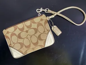 Coach Signature‎ Canvas Leather Wristlet Bag Beige Gold thumbnail 1