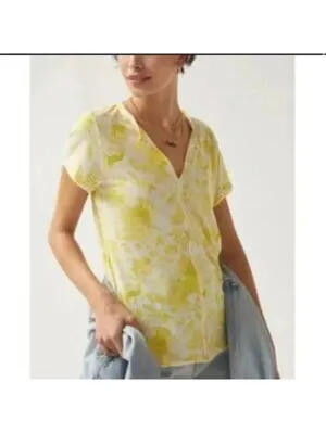 Anthropologie Pilcro EUC Women's Yellow Floral Short Sleeve V-Neck Top L thumbnail 2