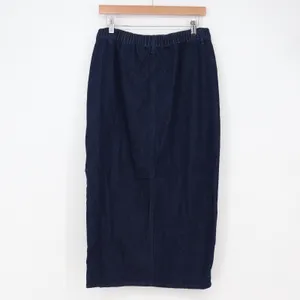 Lulus Denim Skirt Womens L Dark Wash Blue Side Slit Elastic Back Excellent thumbnail 4