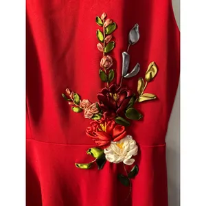Red Sleeveless Fit and Flare Dress with 3D Ribbon Floral Embroidery Cocktail thumbnail 2