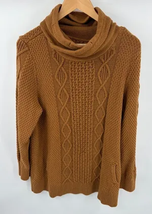 L.L. Bean signature fisherman cable knit funnel neck tan brown sweater womens XL thumbnail 1