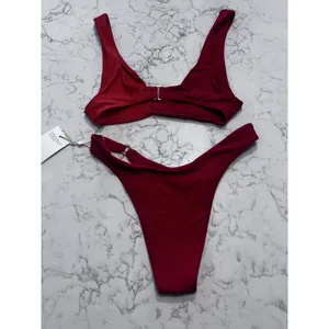 New Quince Cherry Red Italian Plunge Bikini Top & High-Leg Ring Bikini Bottom XS thumbnail 2