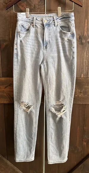 American Eagle Mom Straight Jeans Distressed‎ Ripped Light Wash Denim size 0 Reg thumbnail 1