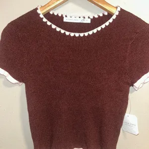 Altar'd State Brown Knit Tee with Pink Trim thumbnail 2