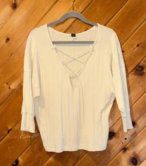 We the free free people cream lace up ribbed sweater top thumbnail 2