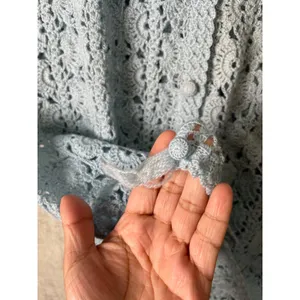 Vintage Hand Crocheted Wool Cardigan Blue Cottagecore Boho‎ Grannycore Dainty LG thumbnail 5