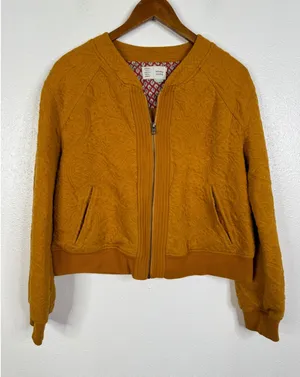 Anthropologie Saturday Sunday Mustard Yellow Paisley Quilted Bomber Jacket L thumbnail 1