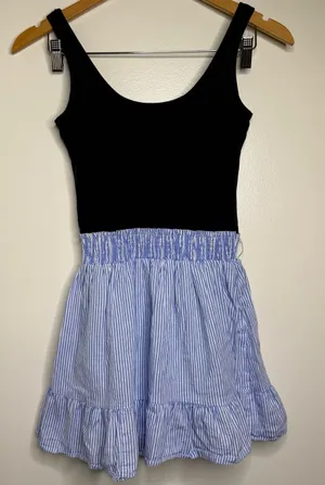 Y2K Abercrombie & Fitch Mini Babydoll Dress Smocked Waist Sz Small Navy Stripes thumbnail 1