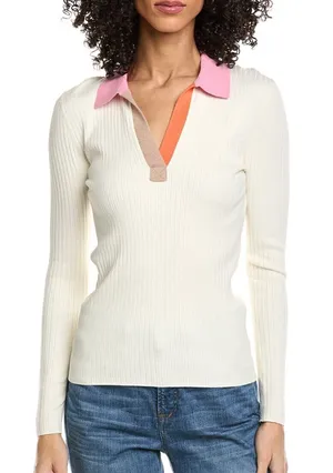 J.McLaughlin Michaela Top Ribbed Vneck Off White M thumbnail 1
