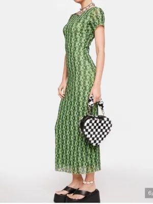 Motel Rocks Happyella Retro Midi Dress in wavy daisy green w/ geometric pattern #st.patricksday #bodycon #grunge thumbnail 2