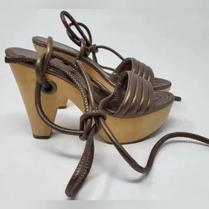 Coach Bronze Brown Leather Strappy Wooden Heel Sandals Modern Minimalist thumbnail 5