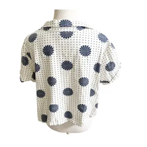 Modcloth Cropped Blouse Womens XL White Floral Dot Linen Blend Tie Front Beachy thumbnail 2