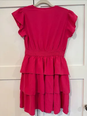 Bright Pink Tiered V-Neck Women's Dress thumbnail 2