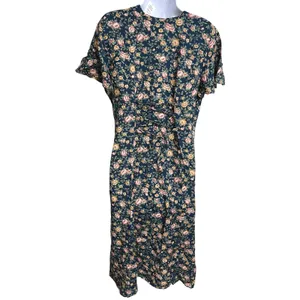 Vintage 90s Caroline Wells Ditsy Floral Cottagecore Button Front Midi Dress 8 thumbnail 2