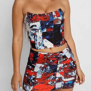Tiger Mist Stylish Red and Blue Tropical Tube Top Corset With Tie Back‎ Small S thumbnail 2