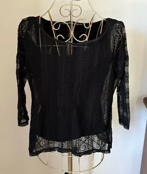 White House Black Market Black Lace Double Layer Long Sleeve Top Women's X-Small thumbnail 1